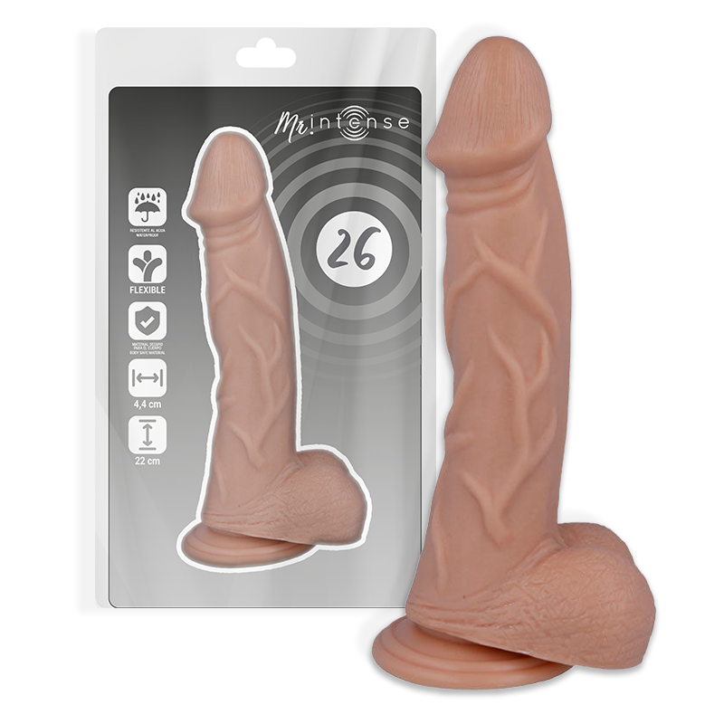 Dildo realista MR INTENSE com ventosa, mostrando sua textura e dimensões.