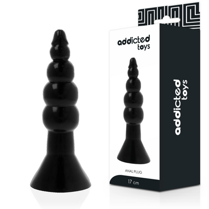 Plug Anal Addicted Toys de 17 cm em TPR preto, com design escalonado para dilatação.