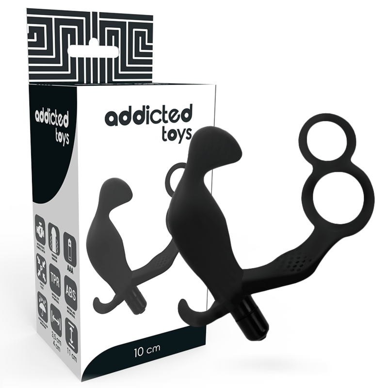 Close-up of the ADDICTED TOYS Plug Anal Vibratório com Anel Peniano Duplo e Testículos, showing its black color and smooth TPR texture.