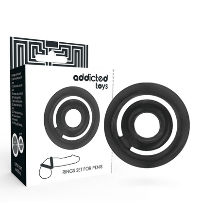 Imagem do conjunto de anéis penianos Addicted Toys Potenz C-Ring pretos, mostrando o design e o material de silicone.