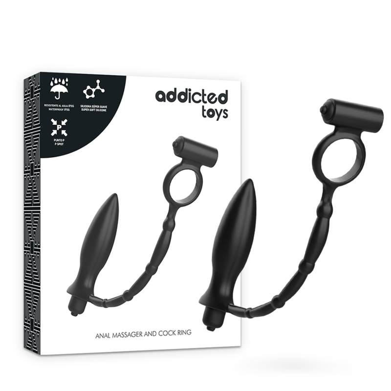 Close-up of the ADDICTED TOYS Vibrating Anal Plug with Penile Ring, showing its silicone texture and features.