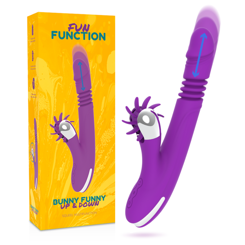 Close-up of the FUN FUNCTION Estimulador Clitoriano Bunny Cima e Baixo 2.0, showcasing its soft silicone texture and ergonomic design.
