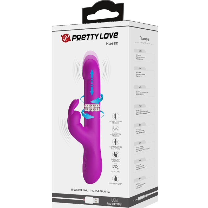 Vibrador de Coelho Pretty Love Reese Roxo com função de rotação e vibração.