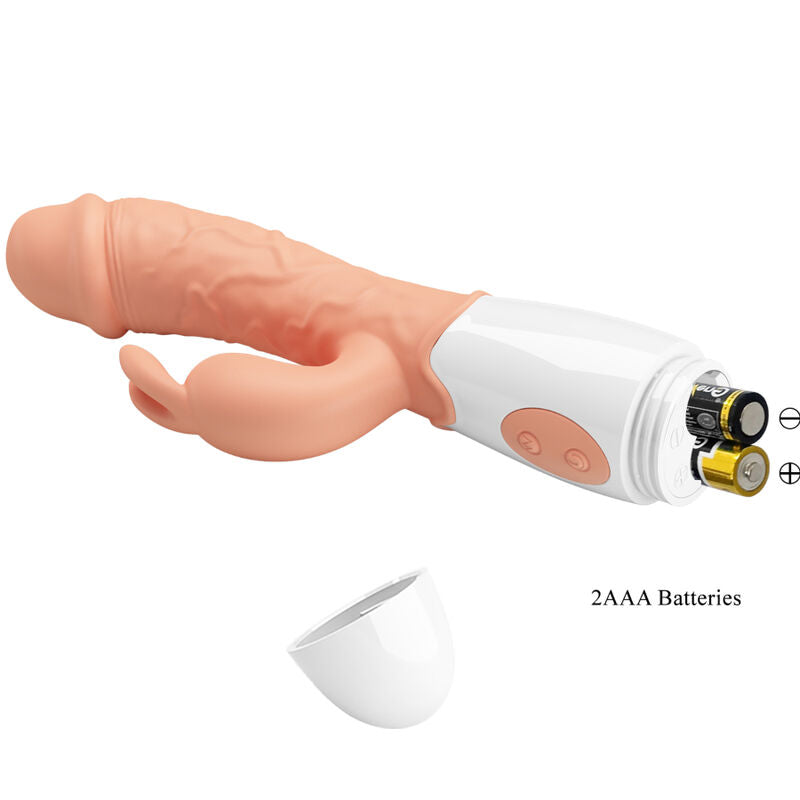 Vibrador Coelho PRETTY LOVE com estimulador clitoriano e ponta para ponto G, cor de carne.
