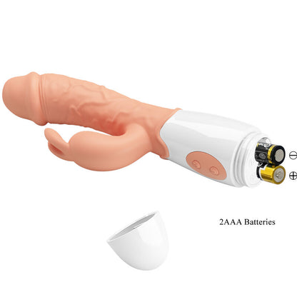 Vibrador Coelho PRETTY LOVE com estimulador clitoriano e ponta para ponto G, cor de carne.