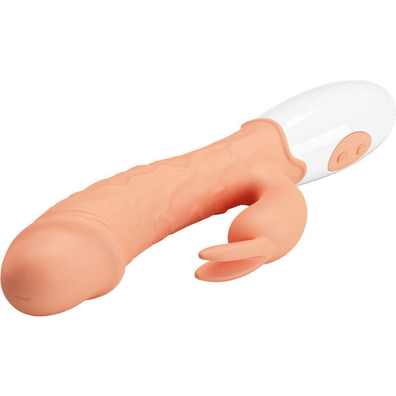 Vibrador Coelho PRETTY LOVE com estimulador clitoriano e ponta para ponto G, cor de carne.