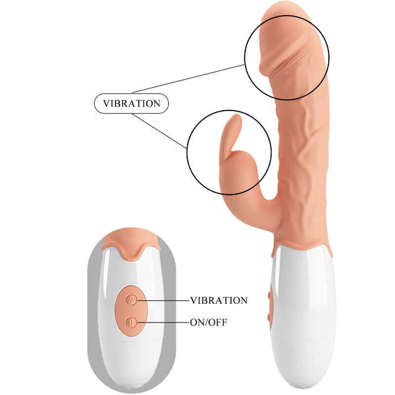 Vibrador Coelho PRETTY LOVE com estimulador clitoriano e ponta para ponto G, cor de carne.