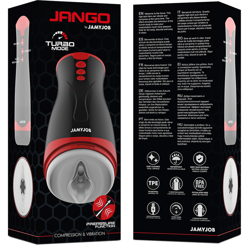 Masturbador Masculino JAMYJOB Jango com compressão e vibração para prazer intenso.