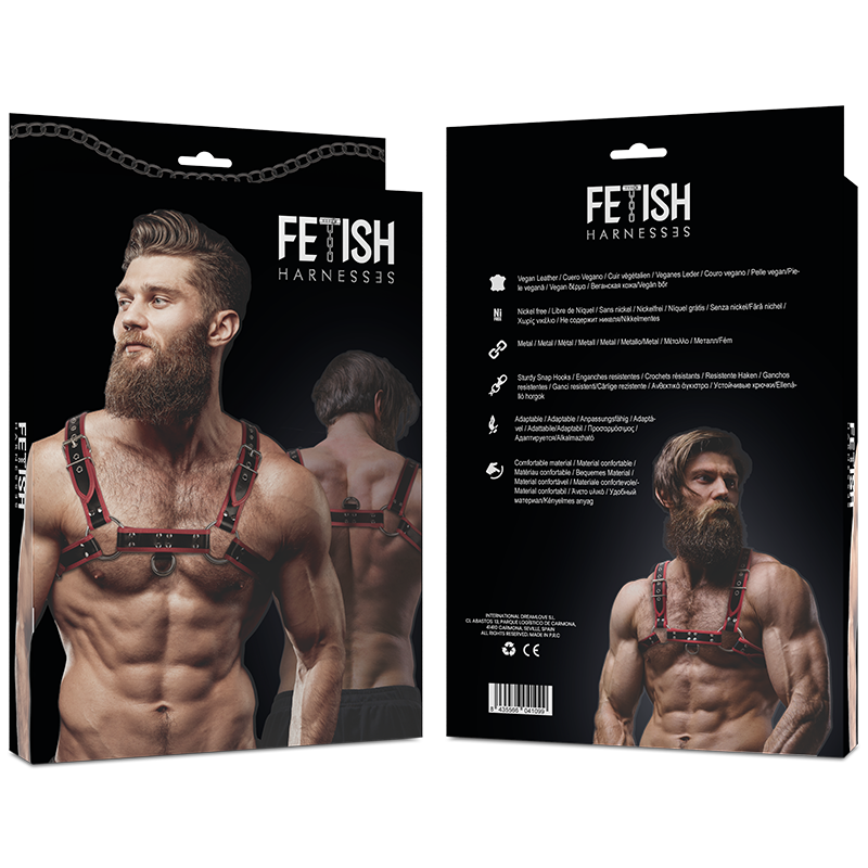 Arnês de peitoral masculino FETISH em couro ecológico preto e vermelho, ajustável para um visual sedutor e poderoso.
