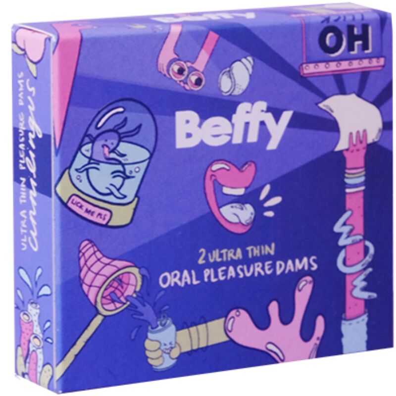 Embalagem e detalhe do Preservativo de Sexo Oral BEFFY, destacando seu design ultrafino.