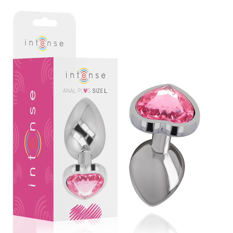 Plug Anal Intense de metal com coração rosa, detalhe da joia e material.
