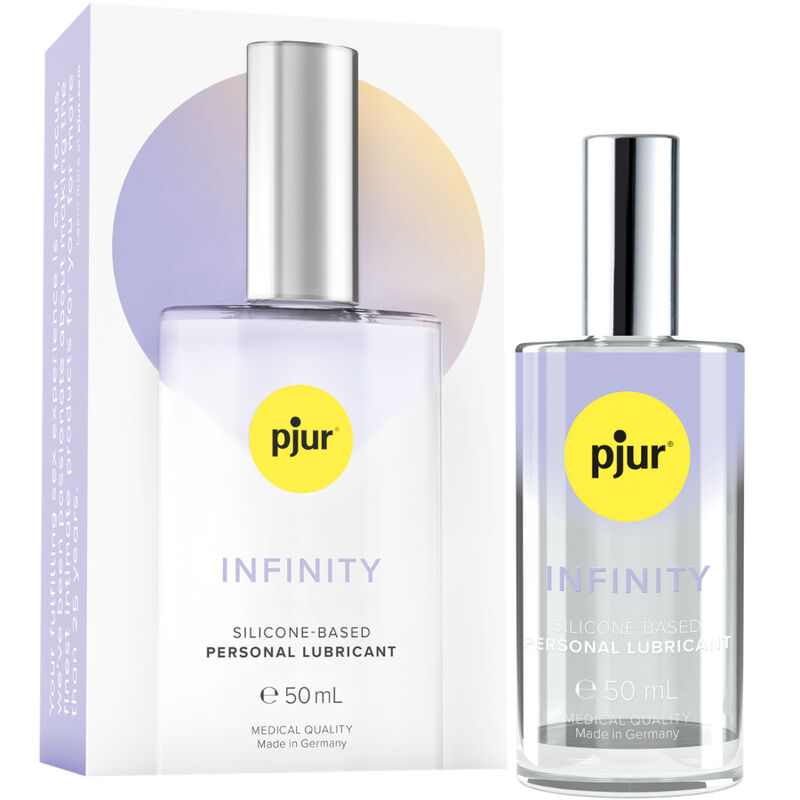 Frasco de PJUR Lubrificante Pessoal Base de Silicone Infinity 50ml, destacando a embalagem premium e o design.