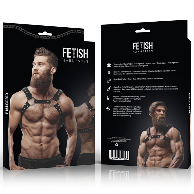 Arnês peitoral masculino em couro ecológico preto com detalhes de tachas, ajustável.