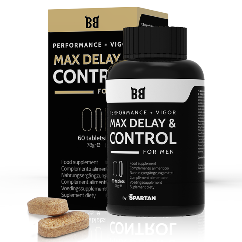 Embalagem do suplemento masculino BLACK BULL Max Delay & Control com 60 cápsulas, focado em desempenho e controlo.