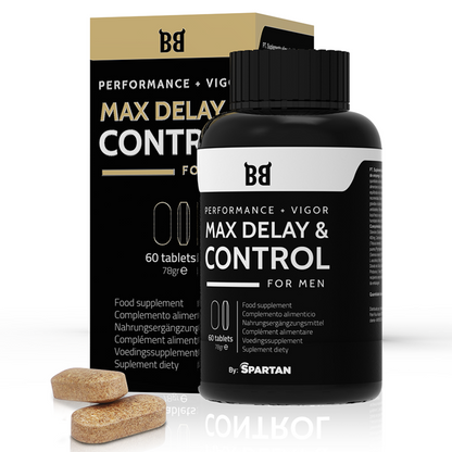 Embalagem do suplemento masculino BLACK BULL Max Delay & Control com 60 cápsulas, focado em desempenho e controlo.