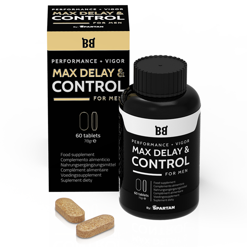 Embalagem do suplemento masculino BLACK BULL Max Delay & Control com 60 cápsulas, focado em desempenho e controlo.