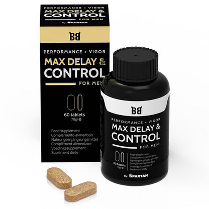 Embalagem do suplemento masculino BLACK BULL Max Delay & Control com 60 cápsulas, focado em desempenho e controlo.