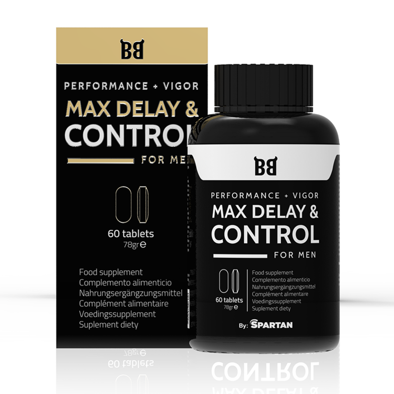 Embalagem do suplemento masculino BLACK BULL Max Delay & Control com 60 cápsulas, focado em desempenho e controlo.
