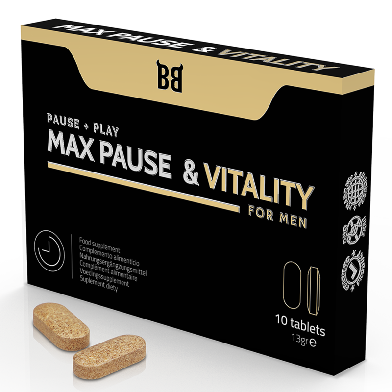 Embalagem do BLACK BULL Max Pause Retardante de Vitalidade para Homens, com 10 cápsulas.