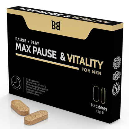 Embalagem do BLACK BULL Max Pause Retardante de Vitalidade para Homens, com 10 cápsulas.