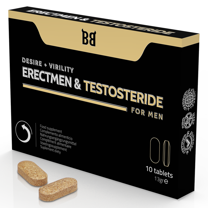 Embalagem do suplemento BLACK BULL Ereção & Testosterona - 10 Cápsulas, focado na vitalidade masculina