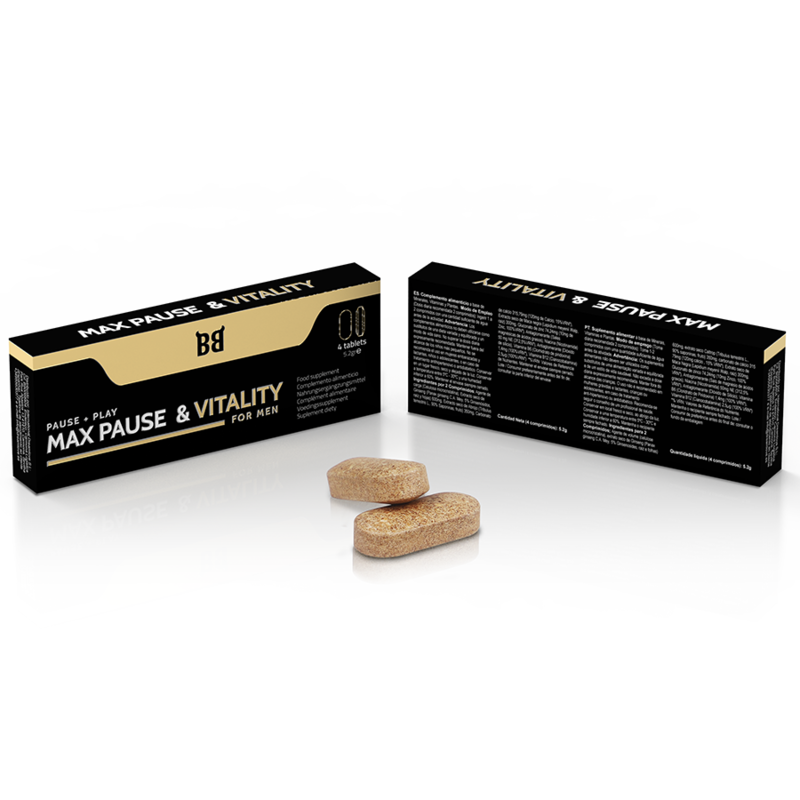 BLACK BULL MAX PAUSE Retardante de Vitalidade para Homens 4 Cápsulas, embalagem do produto.
