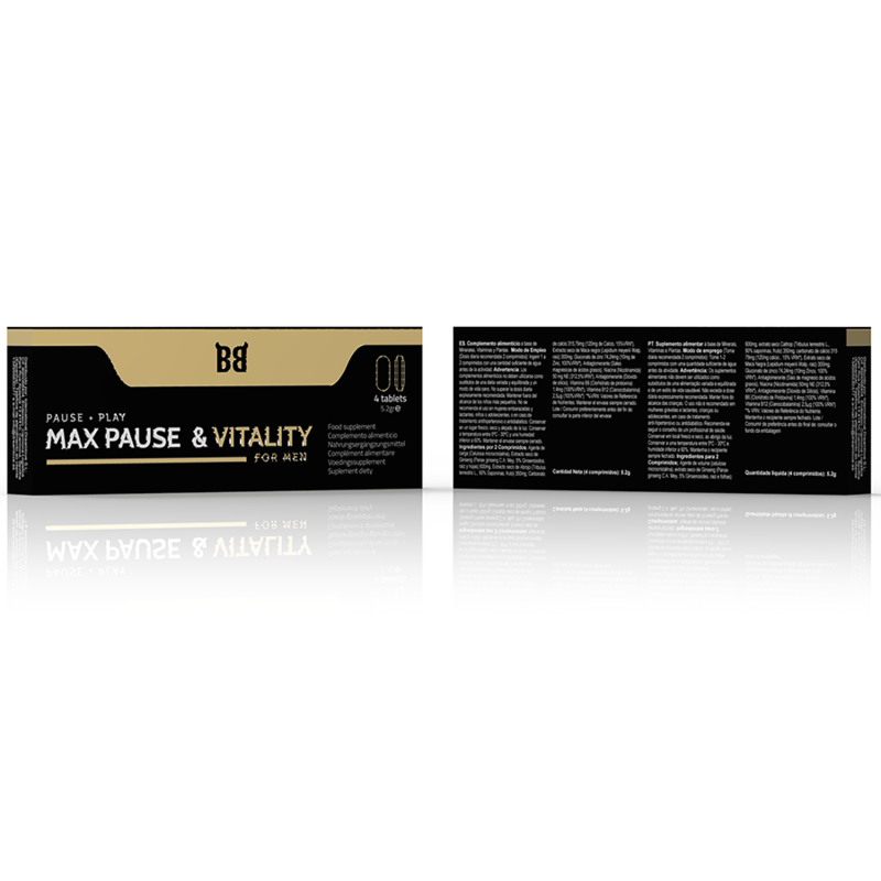 BLACK BULL MAX PAUSE Retardante de Vitalidade para Homens 4 Cápsulas, embalagem do produto.