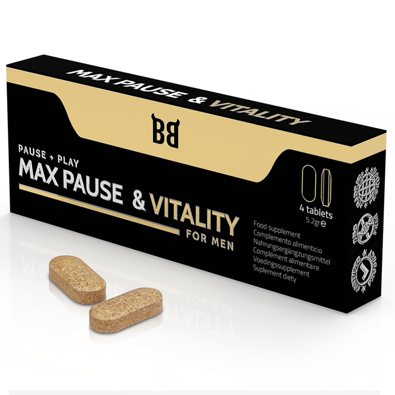 BLACK BULL MAX PAUSE Retardante de Vitalidade para Homens 4 Cápsulas, embalagem do produto.