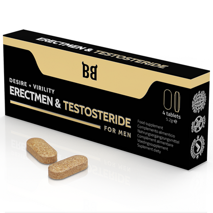 Suplemento BLACK BULL Erectmen & Testosterona para homens, embalagem com 4 cápsulas