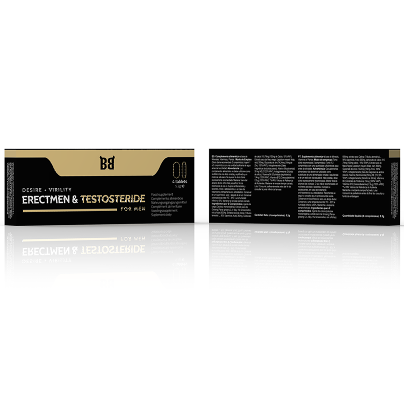 Suplemento BLACK BULL Erectmen & Testosterona para homens, embalagem com 4 cápsulas