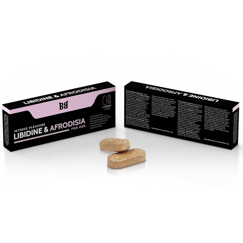 Embalagem do BLACK BULL Suplemento Libido Feminina, detalhe dos comprimidos e informações do produto.