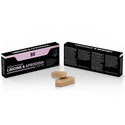 Embalagem do BLACK BULL Suplemento Libido Feminina, detalhe dos comprimidos e informações do produto.