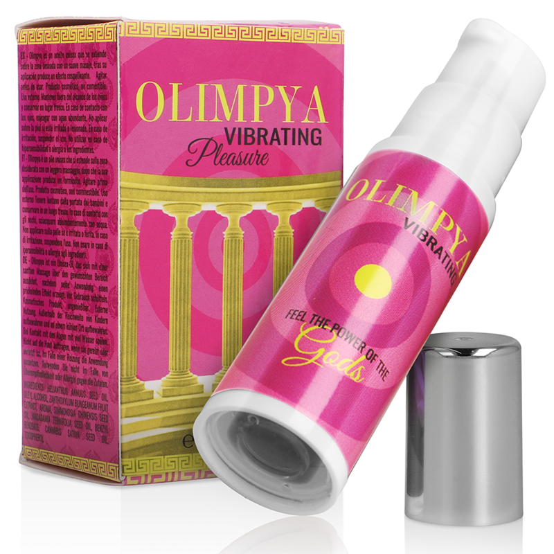 Close-up do OLIMPYA Vibrador Líquido Estimulante Unissexo Cannabis Sativa, mostrando a embalagem e a textura do produto.