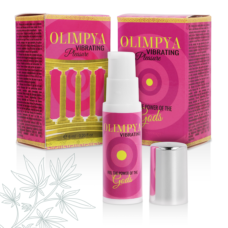 Close-up do OLIMPYA Vibrador Líquido Estimulante Unissexo Cannabis Sativa, mostrando a embalagem e a textura do produto.