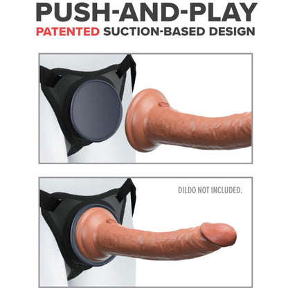 Arnês Body Dock Elite Pipedreams com design de sucção para dildos, mostrando a placa de silicone adaptável e as alças ajustáveis.