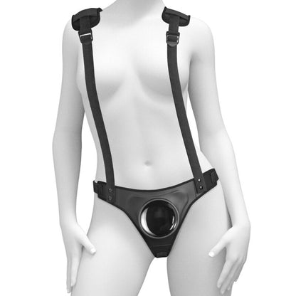 Detalhe dos Suspensórios PIPEDREAMS Body Dock com sistema de ventosa para dildos.
