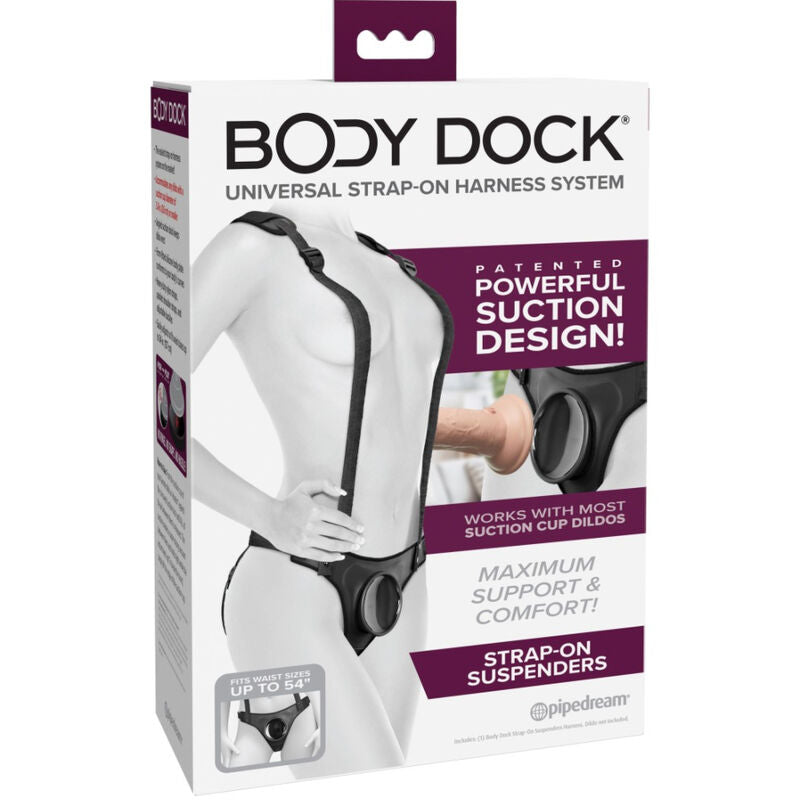 Detalhe dos Suspensórios PIPEDREAMS Body Dock com sistema de ventosa para dildos.