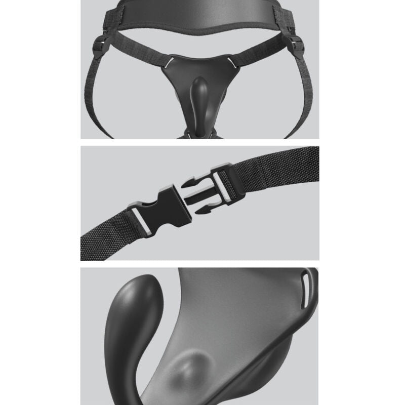 PIPEDREAMS Arnês Body Dock G-Spot Pro Vibratório, mostrando o design ergonómico e a placa de sucção para dildos.