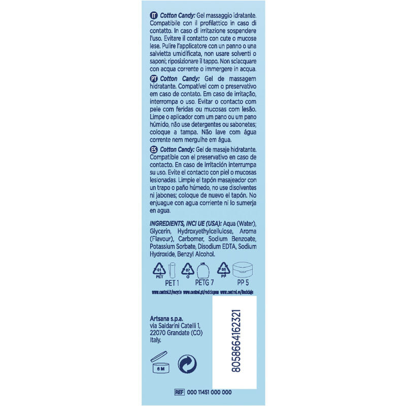 CONTROL Gel de Massagem Algodão Doce 3 em 1 200ml para massagens sensuais e hidratação da pele.