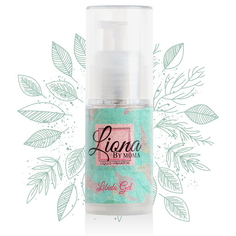 Embalagem de LIONA BY MOMA Gel Vibratório Líquido Libido 15ml, com detalhes do design elegante do produto.