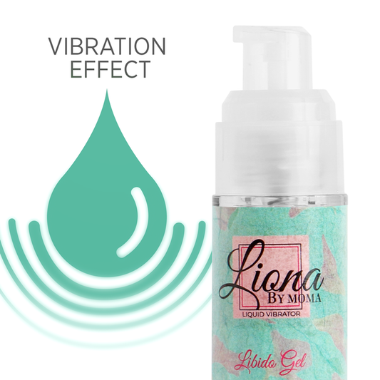 Embalagem de LIONA BY MOMA Gel Vibratório Líquido Libido 15ml, com detalhes do design elegante do produto.