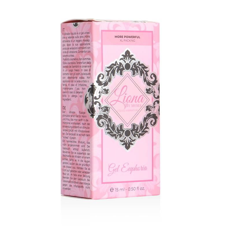 Embalagem do LIONA BY MOMA Gel Vibratório Líquido Efeito Euforia 15 ML, destacando o design e a quantidade.