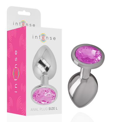 Close-up do Plug Anal Intense de Metal com Cristal Rosa Tamanho L, mostrando o detalhe do cristal.