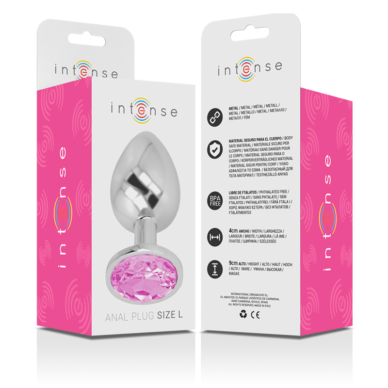 Close-up do Plug Anal Intense de Metal com Cristal Rosa Tamanho L, mostrando o detalhe do cristal.