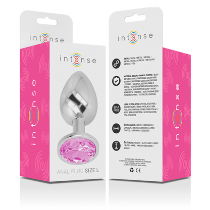 Close-up do Plug Anal Intense de Metal com Cristal Rosa Tamanho L, mostrando o detalhe do cristal.