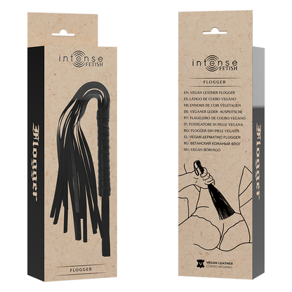 Close-up of the INTENSE FETISH Chicote Flogger de Couro Vegano, showing its texture and flexible straps.