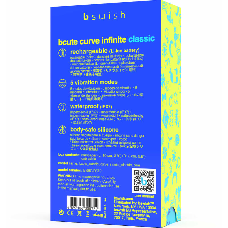 Vibrador B SWISH Bcute Curve Infinity Clássico Azul de silicone recarregável para estimulação do ponto G.