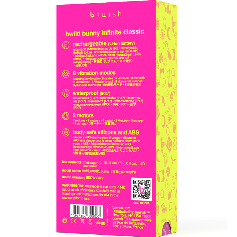 Vibrador B SWISH BWILD BUNNY INFINITE CLASSIC Recarregável Rosa com design ergonómico de estimulação dupla