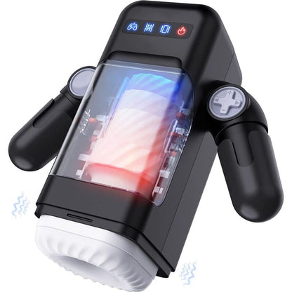 Masturbador masculino GAME CUP preto com função de vibração de impulso, aquecimento e suporte para smartphone