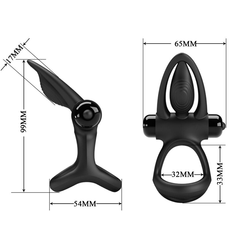 PRETTY LOVE Anel Vibrante 10 Funções Silicone para Casais Preto, destacando o design ergonómico e estimuladores.